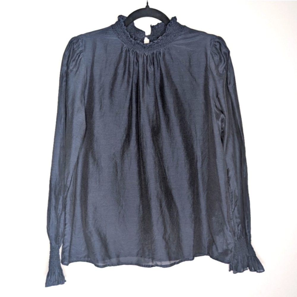 HELEN CHERRY Navy Blue Lightweight High Ruffle Neck Cotton Silk Blend Blouse